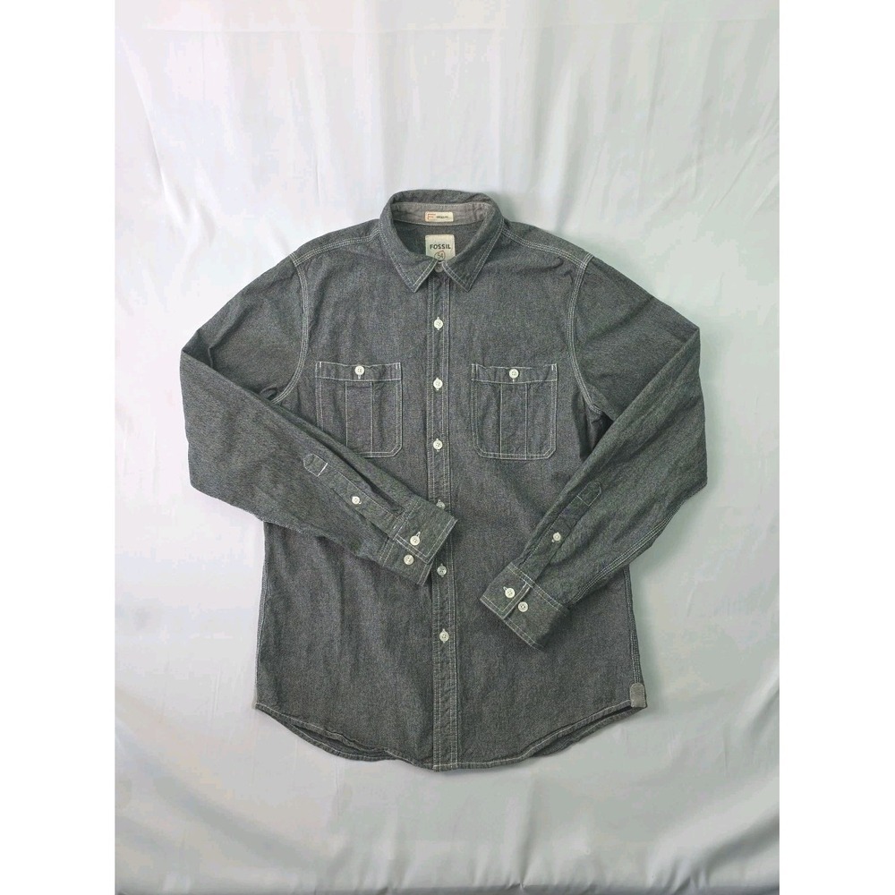 Authentic‎ Fossil Mens M Long Sleeve Button Down Shirt Gray W/ White Stitching